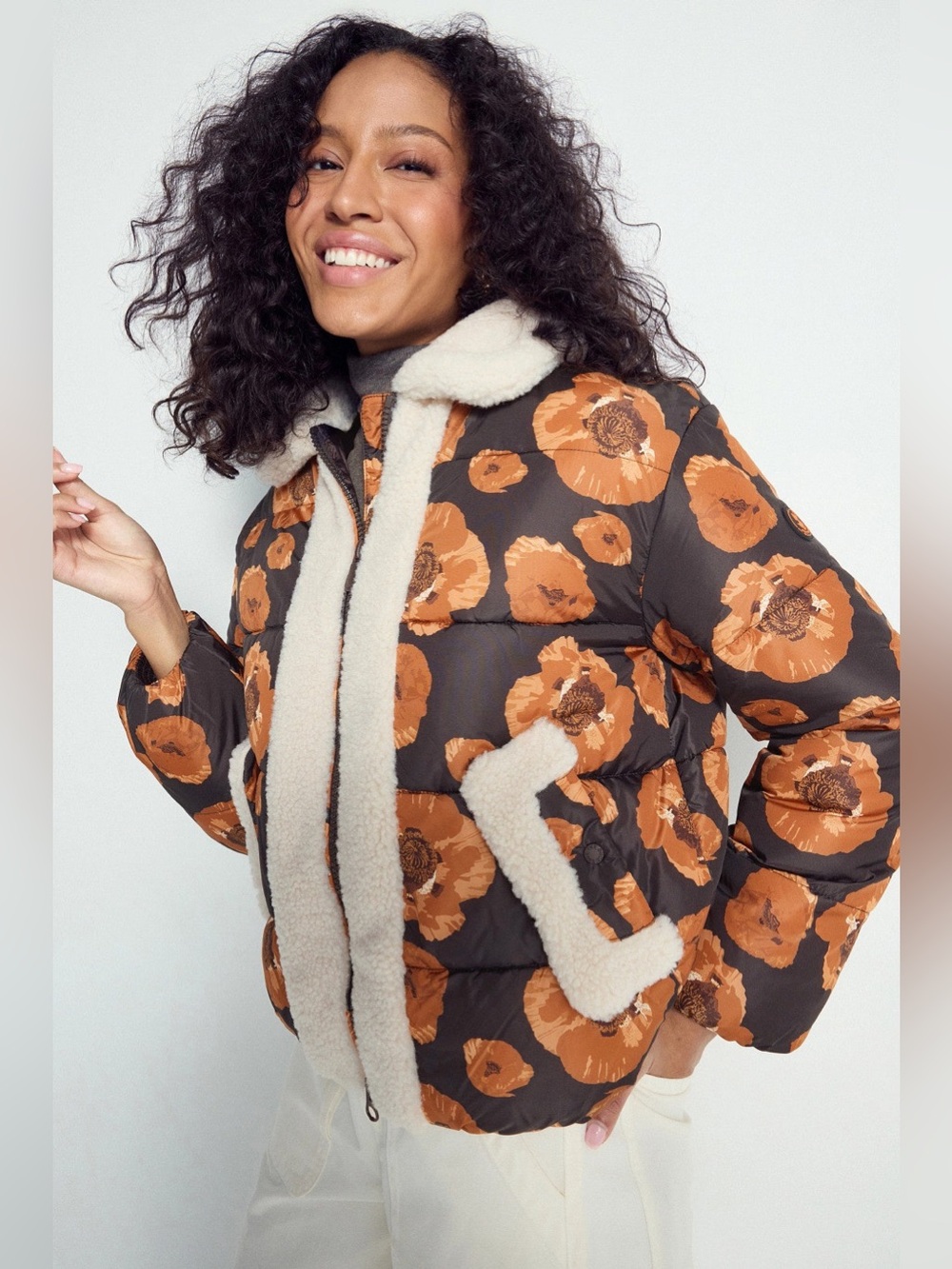 SAVE THE DUCK Floral Sherpa-Trim Puffer Jacket - Brown & Orange